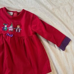 Red Vintage Baby Dress with Embroidered Clown Characters